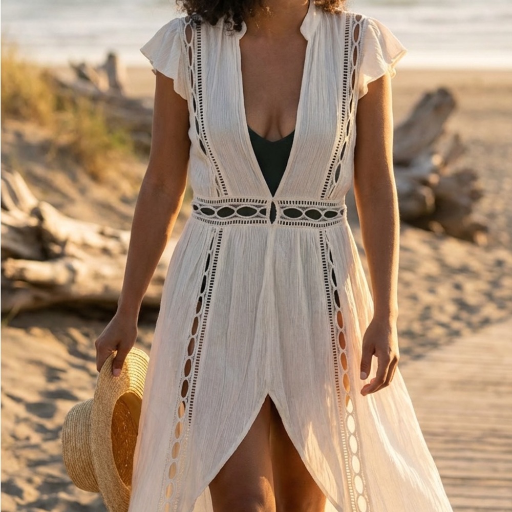 Lightweight Cream Sheer Beach Cover Up Crochet Trim Summer Duster NWT